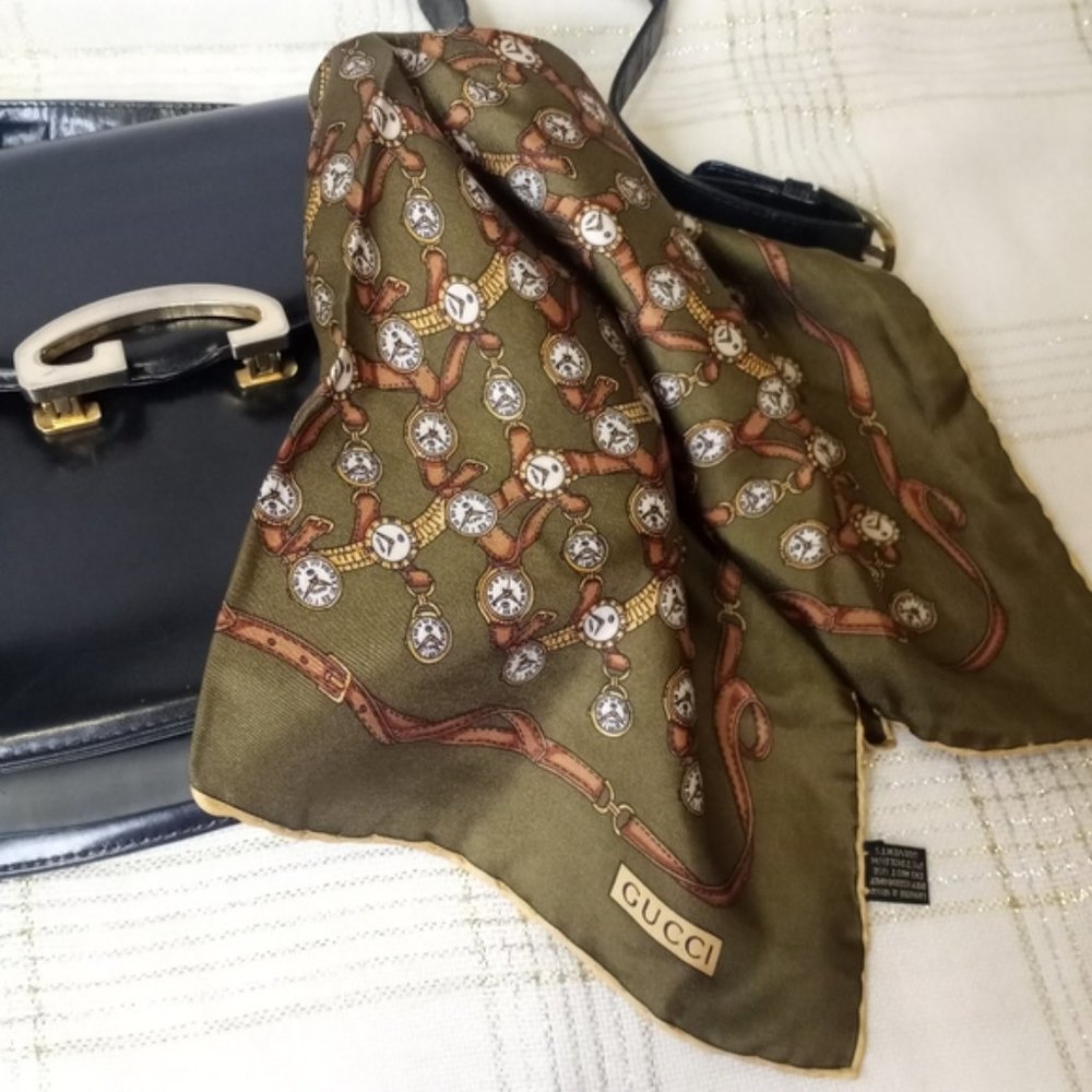 GUCCI Vintage OlivevGreen Silk Wrist Watch Clock Scarf Handkerchief - Picture 7 of 16